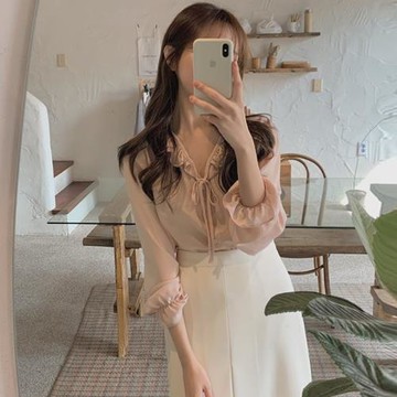 甜美木耳邊簡約氣質系帶長袖雪紡襯衫女韓風chic溫柔風洋氣上衣夏