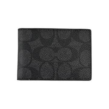 COACH黑色C LOGO PVC拼接素面皮革雙摺男證件名片夾