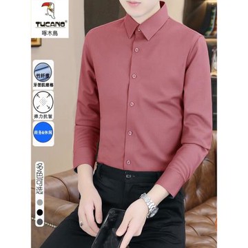 2024冬新款加絨加厚竹纖維啄木鳥襯衫男商務休閑純色百搭打底襯衣