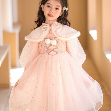 love, charlotte - 冬季毛絨領披肩公主長袖洋裝-洋裝+毛絨小領子+珍珠髮箍-粉紅色