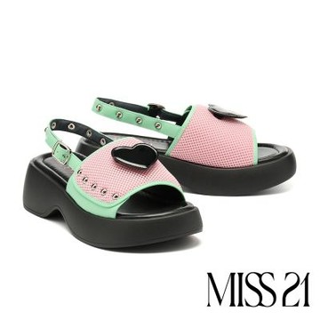 涼鞋 MISS 21 可愛小愛心兩穿異材質後繫帶厚底涼鞋－粉
