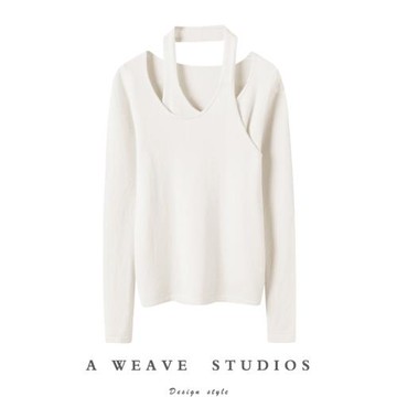 造型出街~驚艷回眸！掛脖圓領山羊絨衫女純羊絨毛衣針織衫露鎖骨