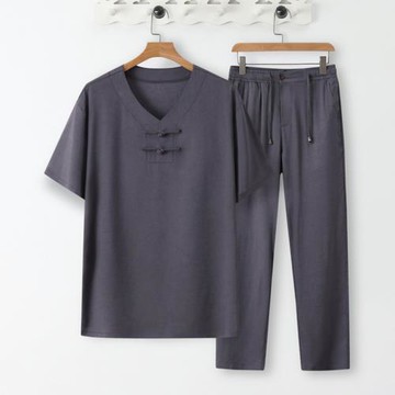 中國風套裝男夏季薄款亞麻短袖t恤兩件套中式復古唐裝爸爸裝夏裝