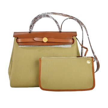 Hermes 愛馬仕 Herbag Zip Y刻 31cm手提/肩背兩用帆布包( Y刻 /1C 綠X棕 /金釦)_廠商直送
