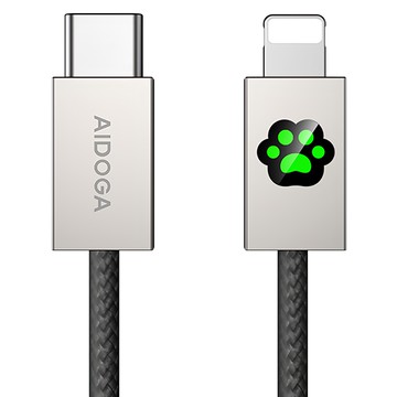 AIDOGA 艾迪伽 毛孩腳印 KevFur系列 Type-C-Lightning PD 快充充電傳輸編織線 LED呼吸燈  珍珠鈦  1.2m  1條