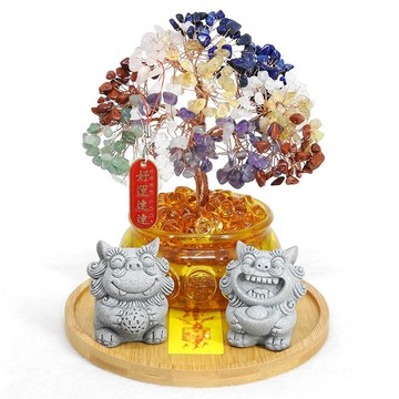 【吉祥開運坊】元寶水晶樹【琉璃元寶招財樹+風獅爺組合(球+元寶) 元寶發財樹大型】 開光 擇日