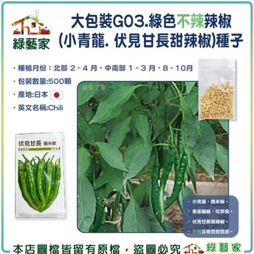 【綠藝家】【00G03】大包裝.綠色不辣辣椒(小青龍. 伏見甘長甜辣椒)種子500顆