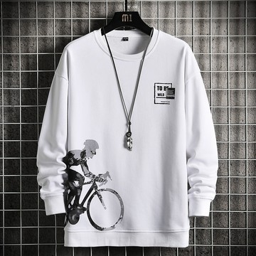 LARGE STORE【出清】下方腳踏車潮流喧染 胸口插圖 印花圓領長袖上衣 大學T 男生上衣 情侶T(HH6909)