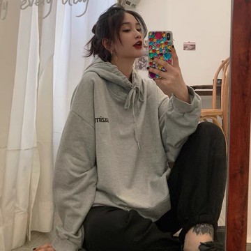 純色薄款連帽衛衣女春秋新款ins設計感寬松顯瘦百搭上衣