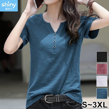 中大尺碼 V領短袖上衣-自然隨感 shiny藍格子【V3529】