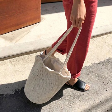 棉線編織包 草編包 編織包 水桶包 束口 縮口 毛線 長背帶 肩背 度假 海邊 大容量 網紅 文青 韓國 ANNA S.