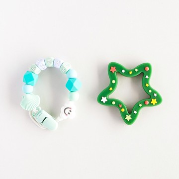 12顆 LUCAS 白雲 綠色聖誕節星星固齒器+客製化奶嘴鏈