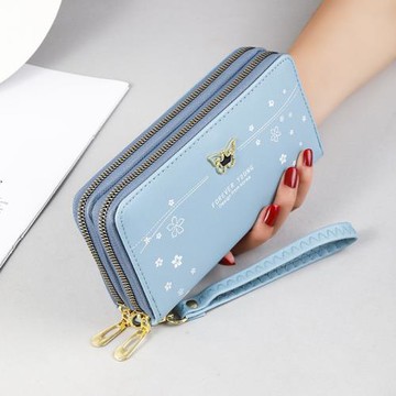 錢包長款女士新款手腕帶大容量手拿包蝴蝶印花軟皮雙拉鏈手機包女