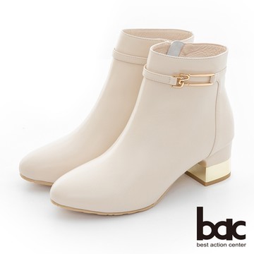 【bac】腳踝飾釦金屬拼接粗跟短靴-白