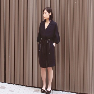 秋冬西裝領外衣線條連身裙 絲絨配布 洋裝 連衣裙  上班 深藍色