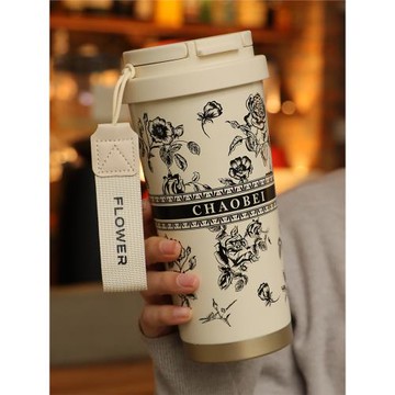 保溫水杯女款創意提繩網紅2025新款高顏值花紋泡茶雙飲吸管杯子男