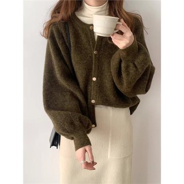 燈籠袖圓領毛衣外套女款秋冬新款日系復古寬松軟糯小香風針織開衫