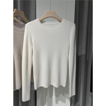 復古調性拉滿~秋冬圓領坑條修身羊毛羊絨針織打底衫上衣 百搭款女