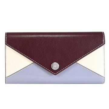 TORY BURCH 169533 撞色拼接皮革扣式三折零錢長夾.深紅/灰