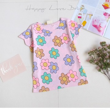 韓版彩色夏日小花短袖上衣 春夏童裝 韓版童裝 女童上衣 女童短袖 女童棉T 短袖上衣 春夏上衣