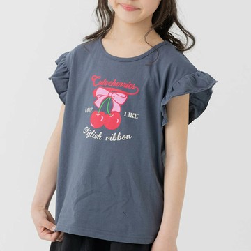 日本 Chil2 - 100%棉 荷葉邊女孩印花短袖上衣-櫻桃-灰黑