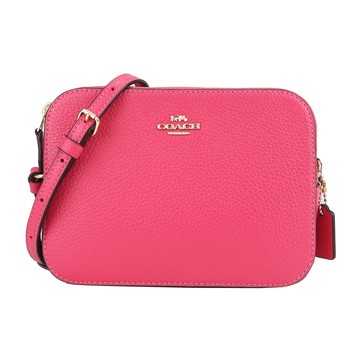 COACH 經典馬車LOGO荔枝紋皮革斜背相機包(粉)