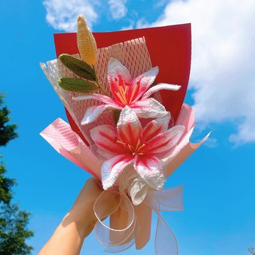 【純手作】毛線編織雙頭百合花束 粉色漸層暈染