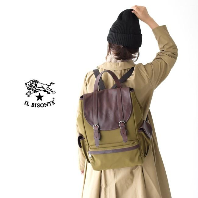 イルビゾンテ IL BISONTE コットンキャンバス×ヴィンテージレザー フラップ バックパック リュックサック レディース メンズ  54192-3-09123 送料無料 LINEショッピング