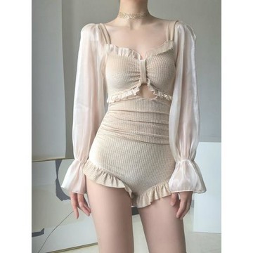 蜜Dream泳衣女泡溫泉保守仙氣韓國連體長袖遮肉顯瘦學生少女泳裝