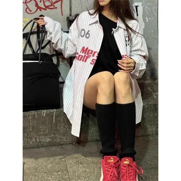 美式撞色字母印花條紋襯衫男女夏季寬松運動休閑防曬情侶上衣外套