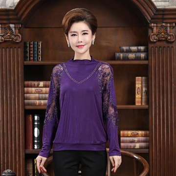 典云間秋冬小衫中老年女裝長袖T恤高檔媽媽蕾絲衫打底衫40-50上衣