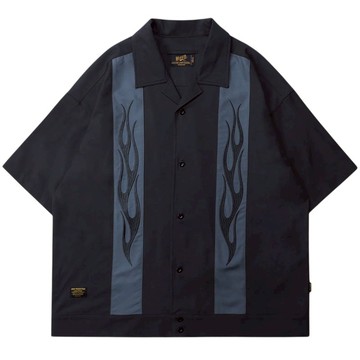 B-SIDE THE FLAME CUBAN SHIRT 火焰刺繡拼接 短袖襯衫 (黑色)