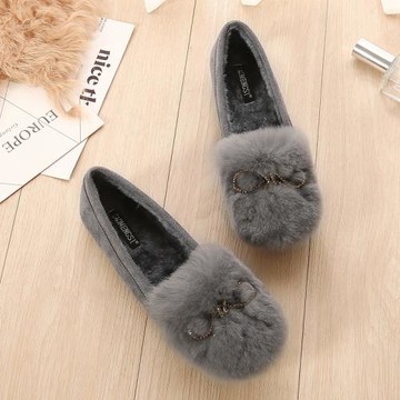 大碼棉瓢鞋毛毛鞋女外穿40 41 42 43碼韓版水鉆豆豆鞋厚底加絨34