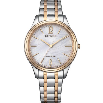 CITIZEN 光動能大三針時尚女錶 開學新裝備-銀x玫瑰金/34mm EM0416-78A