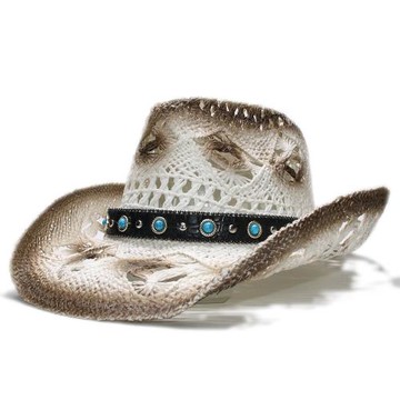 復古鏤空透氣簡約百搭戶外大檐防曬遮陽西部牛仔草帽子綠松石皮帶