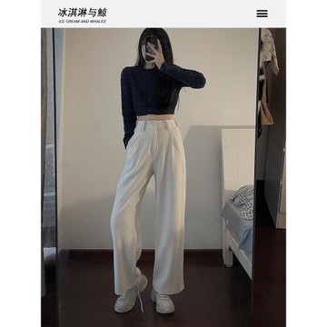 【冰淇淋與鯨】高腰顯瘦休閑褲直筒寬松闊腿燈芯絨褲女寬松套裝春