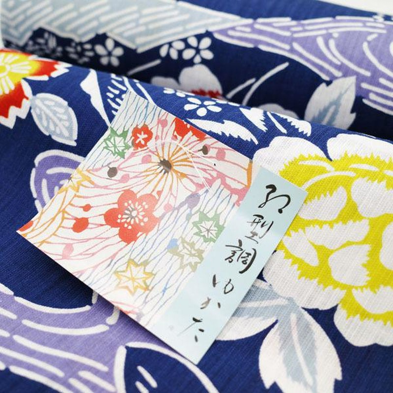 夏物 浴衣 反物 東京本染 源氏物語 紅型 調 日本製 麻 綿 ゆかた 紺色 