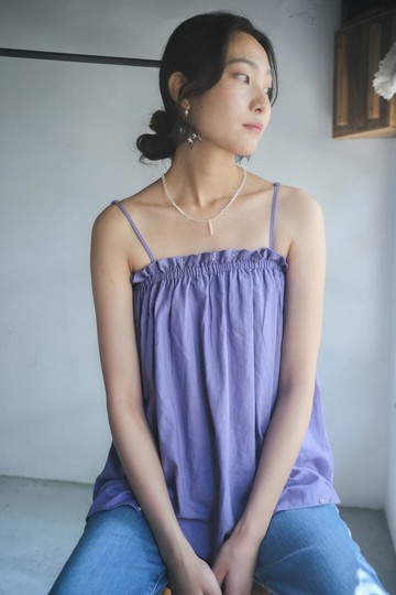 Mumoi Gathered Linen Cami Top 紫芋色刺繡細肩帶麻質背心