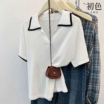 初色 學院風撞色邊條美式POLO領正肩短袖針織T恤上衣女上衣-共2色-12838(F可選/現貨+預購)