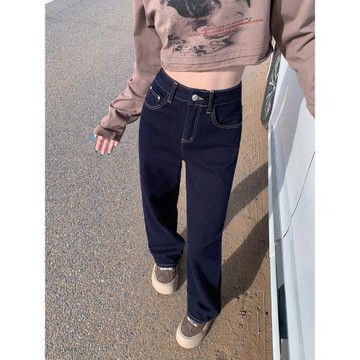 (免運)褲子女春秋款2025年新款丹寧深藍梨形身材窄版闊腿寬松直筒牛仔褲