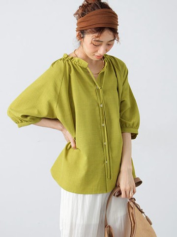 甜美荷葉邊抽繩綁帶設計排釦襯衫(0F000935810) - Lugnoncure