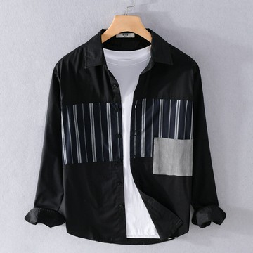 襯衫長袖上衣-潮流日系條紋拼接男裝2色74jt84【獨家進口】【米蘭精品】