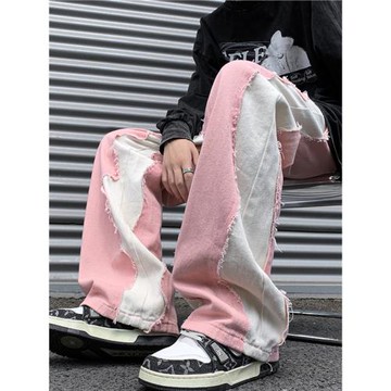 春秋拼接牛仔褲男高街美式hiphop街舞褲子高個子大碼毛邊闊腿長褲