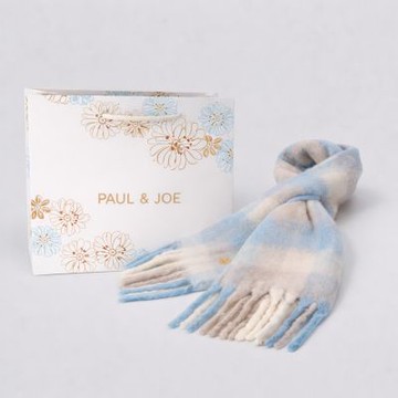 PAUL & JOE 格紋蓬鬆羊毛混紡圍巾(粉藍/淺灰色｜附品牌防塵袋與紙袋)