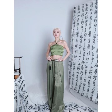 ROUR【琉璃】綠色抹胸吊帶闊腿褲中國風舞蹈套裝
