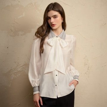 SO NICE 亮片領蝴蝶結公主袖天絲襯衫上衣