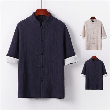 【米蘭精品】現貨+預購 新中式棉麻上衣棉麻襯衫透氣日系亞麻休閒男裝-復古盤扣立領2色74lk10