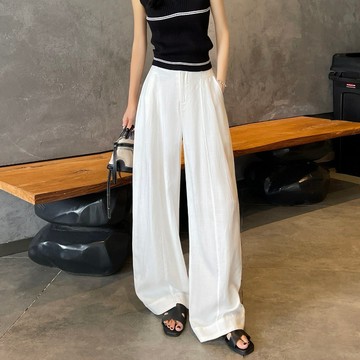 四色實拍 S-2XL 白色褲子 亞麻直筒褲女 休閒褲女 高腰寬鬆顯瘦垂感長褲女 慵懶風棉麻闊腿褲女 男友褲 彎刀褲女