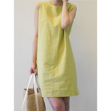 2025夏季新款女裝韓版寬松直筒無袖圓領亞麻裙小個子棉麻連衣裙