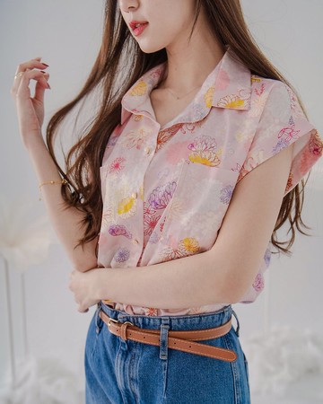 【波麗印花】赫本風反摺袖口 夏天長版襯衫 莫代爾棉 天香色